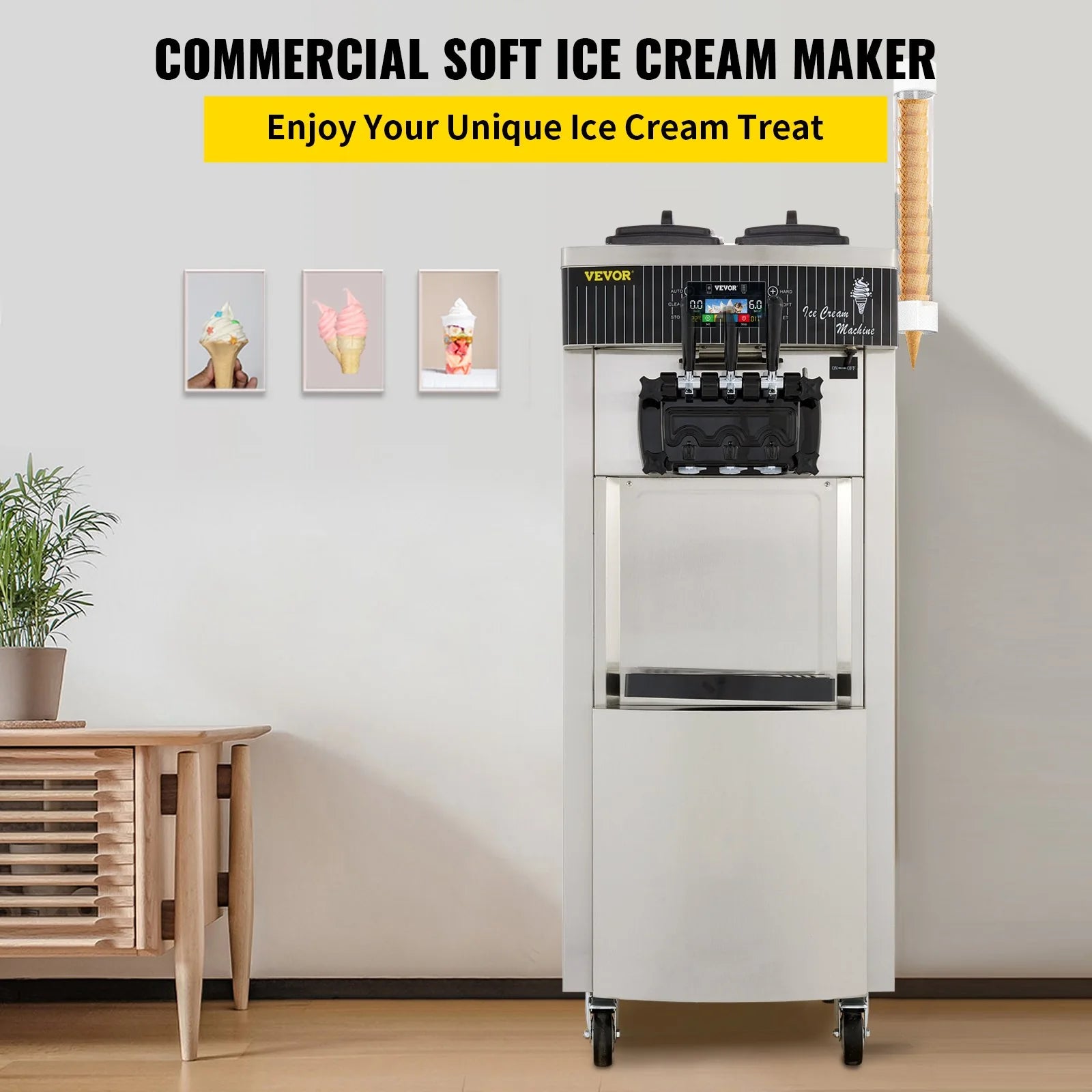 VEVOR Commercial Soft Serve Ice Cream Machine – 2200W Stainless Steel Frozen Yogurt Maker with 3 Flavors, LCD Control & Auto Cleaning – 5.3–7.4 Gal/hr Output