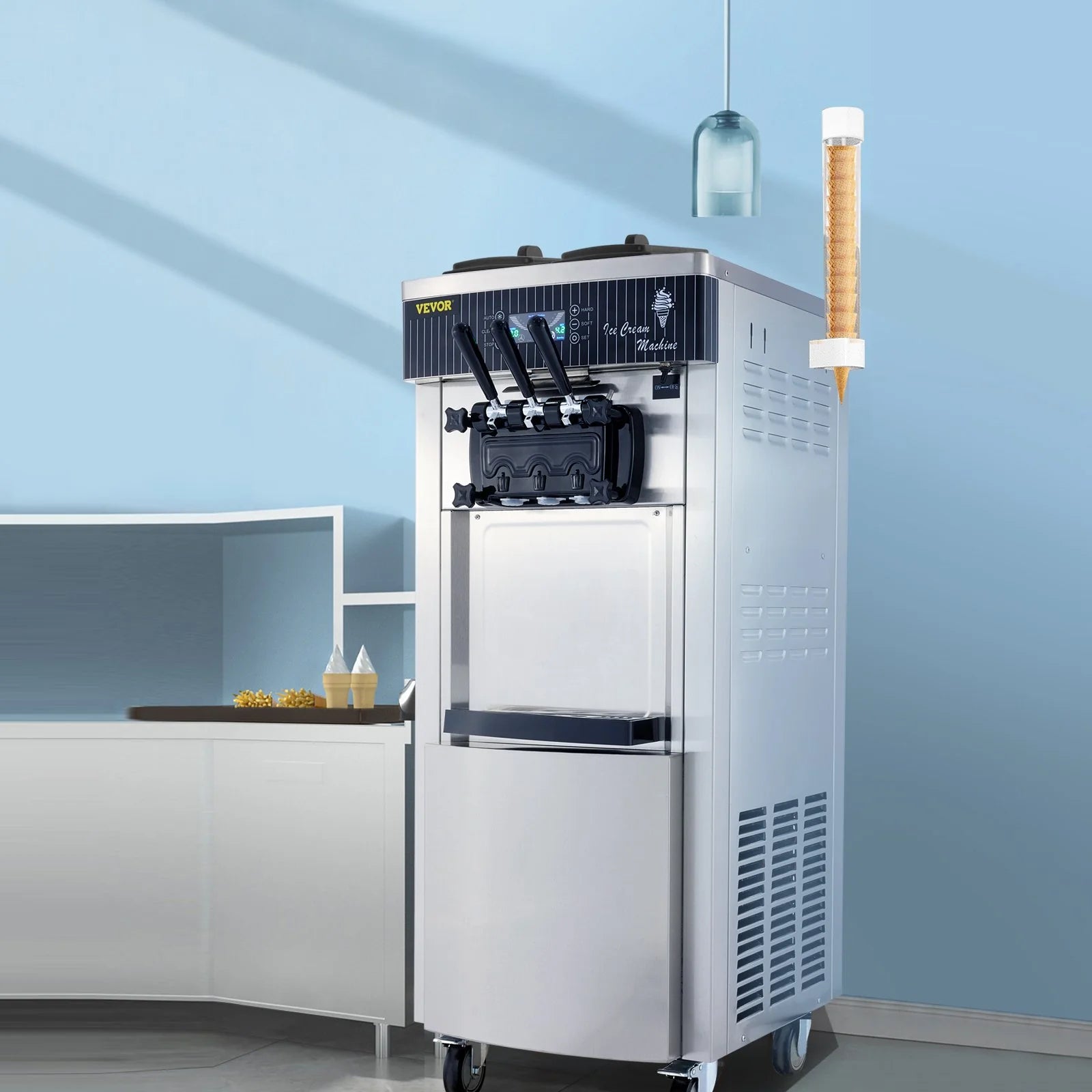 VEVOR Commercial Soft Serve Ice Cream Machine – 2200W Stainless Steel Frozen Yogurt Maker with 3 Flavors, LCD Control & Auto Cleaning – 5.3–7.4 Gal/hr Output