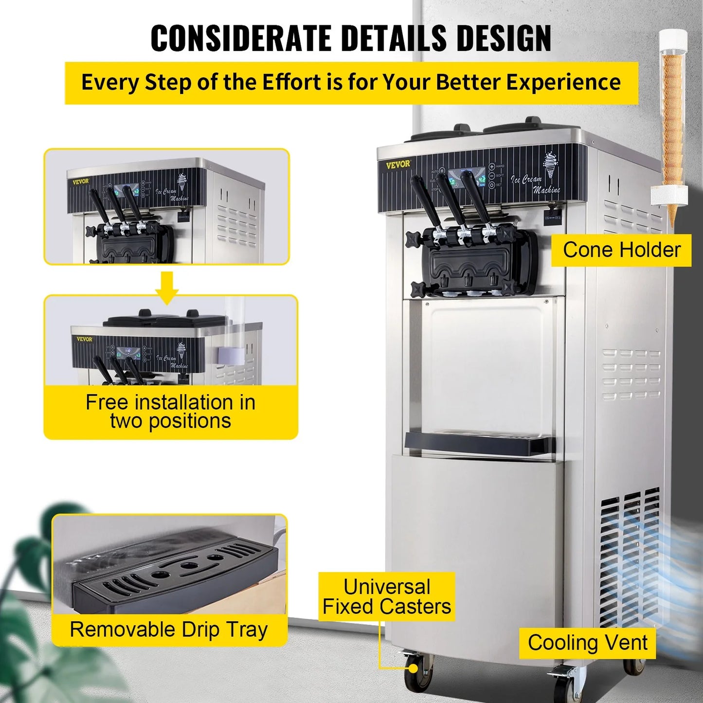 VEVOR Commercial Soft Serve Ice Cream Machine – 2200W Stainless Steel Frozen Yogurt Maker with 3 Flavors, LCD Control & Auto Cleaning – 5.3–7.4 Gal/hr Output