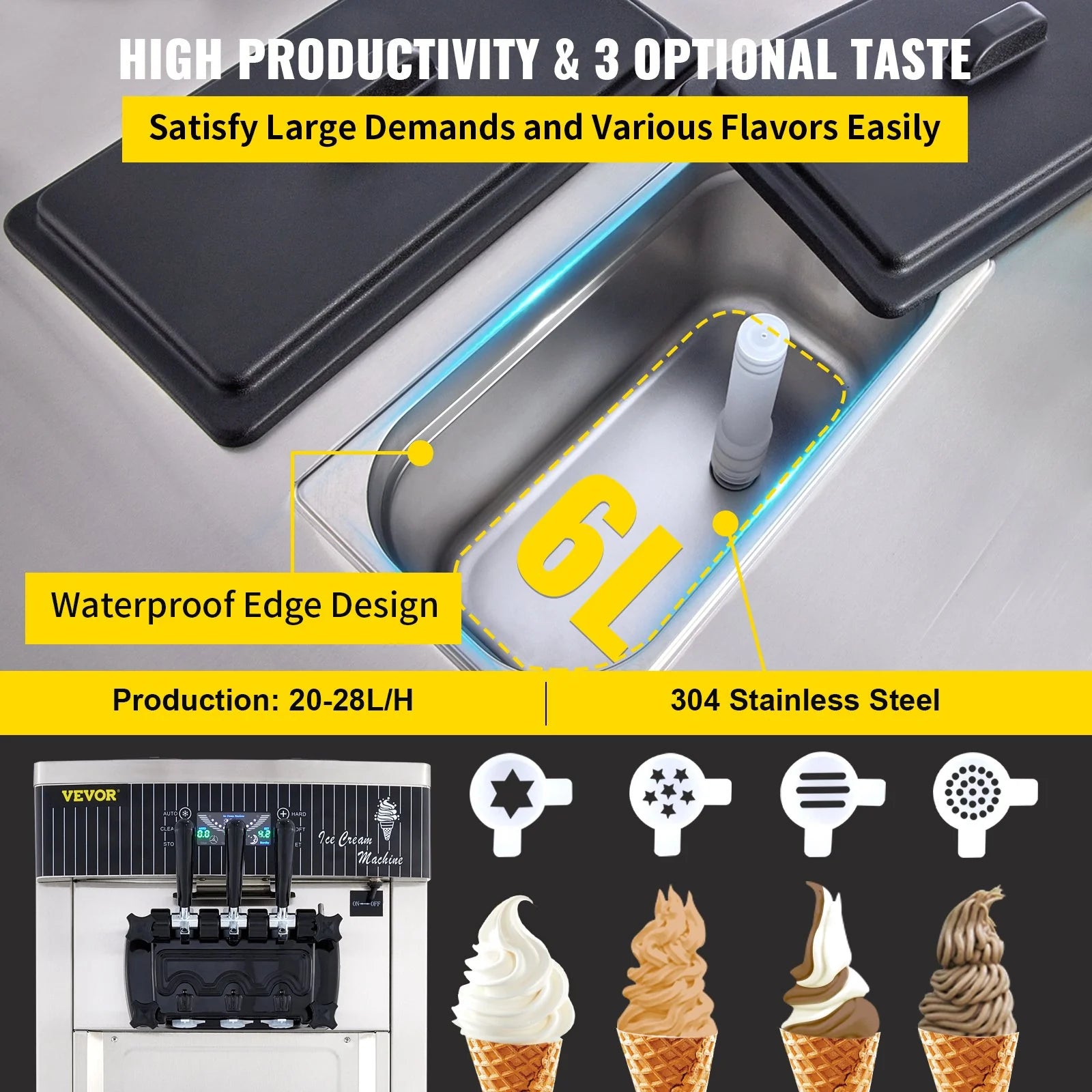 VEVOR Commercial Soft Serve Ice Cream Machine – 2200W Stainless Steel Frozen Yogurt Maker with 3 Flavors, LCD Control & Auto Cleaning – 5.3–7.4 Gal/hr Output